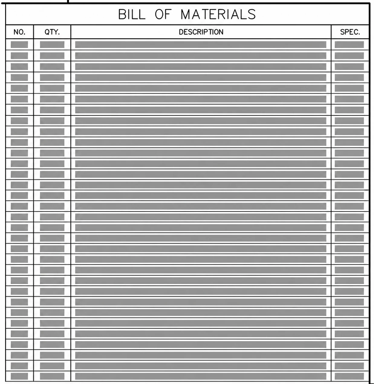 Redacted bill of materials showing only the generic document structure