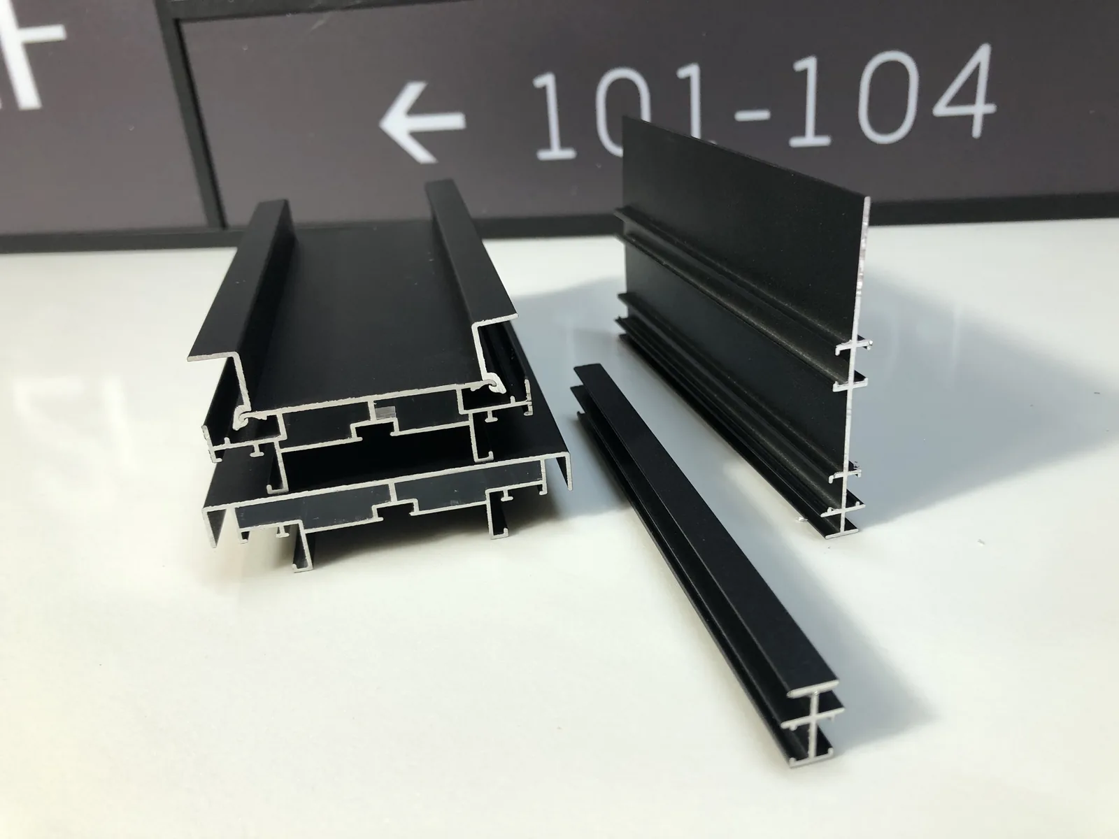 Black aluminum profile sections used in an illuminated wayfinding prototype