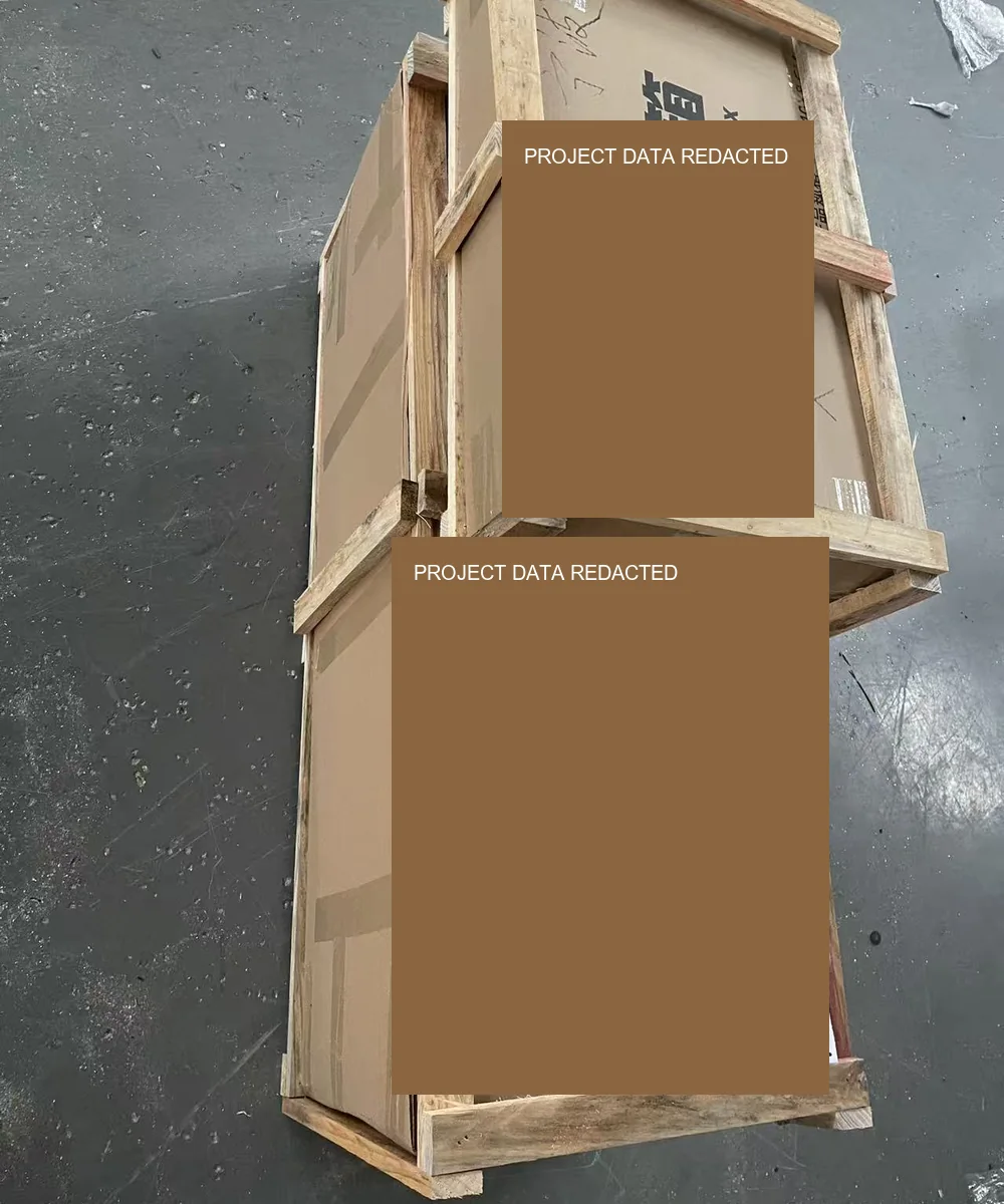 Wooden crate with project and shipping data solid-redacted